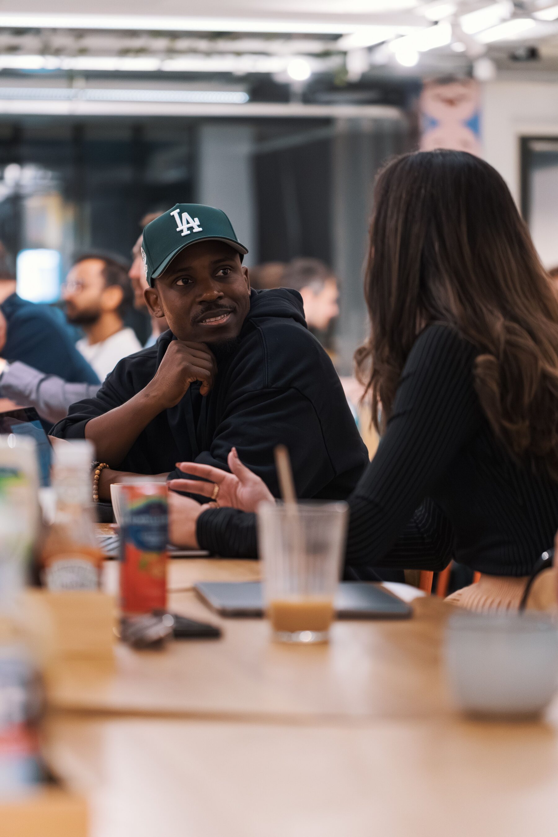Two professionals having a focused conversation